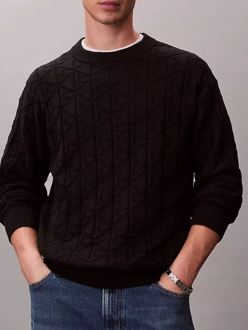 Calvin Klein Jeans Men’s Black Allover Monogram Jacquard Crewneck Sweater Size M
